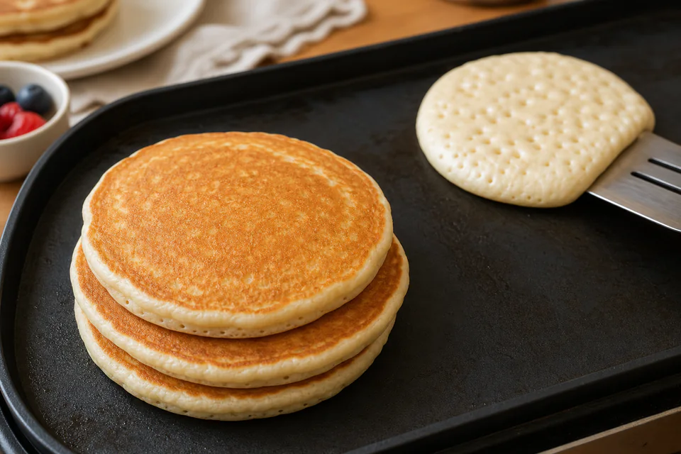 Golden pancake stack beside a pancake with set edges and open bubbles ready to flip