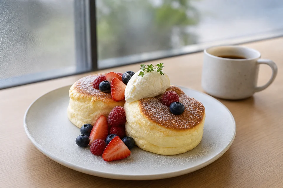 Two fluffy Japanese pancakes with berries and cream on an unbranded café-style table.