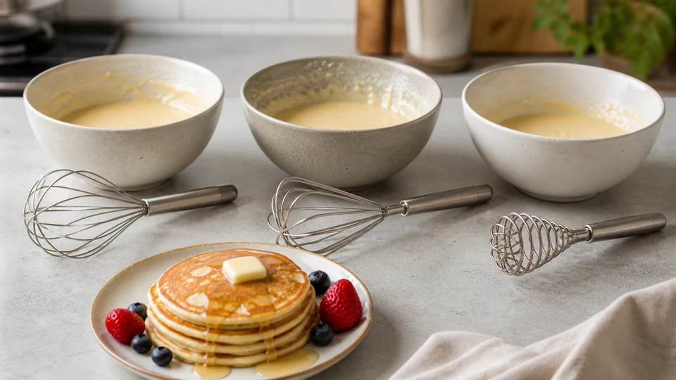 Balloon, flat and coil whisks arranged beside bowls of pancake batter and a finished stack.