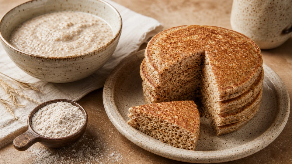 Editorial setup illustrating whole-wheat pancakes that rise without a heavy center.