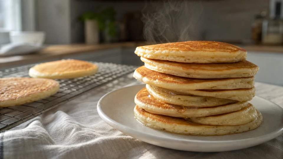 Steaming pancakes stacked on a plate beside pancakes cooling separately on a wire rack.
