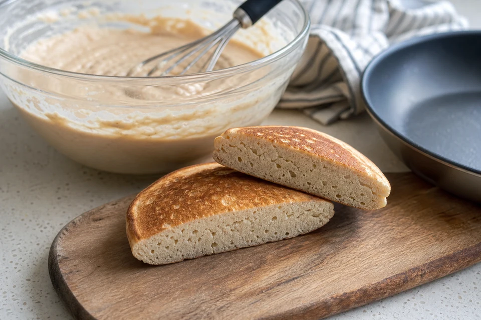 Cut pancakes with compact tight crumbs beside a bowl of thick batter and a whisk.