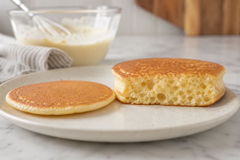 A low flat pancake beside a taller airy pancake with its open crumb visible.