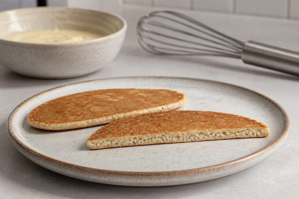 Two thin low-rise pancakes, one cut to show a shallow compressed crumb.