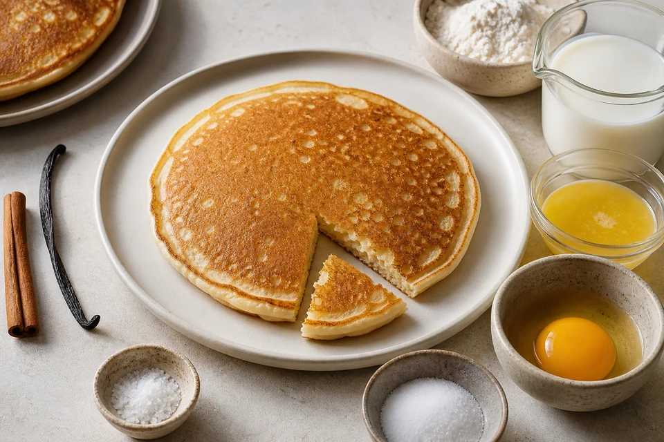 A plain pancake tasting sample beside salt, vanilla, cinnamon, butter and other measured batter ingredients.