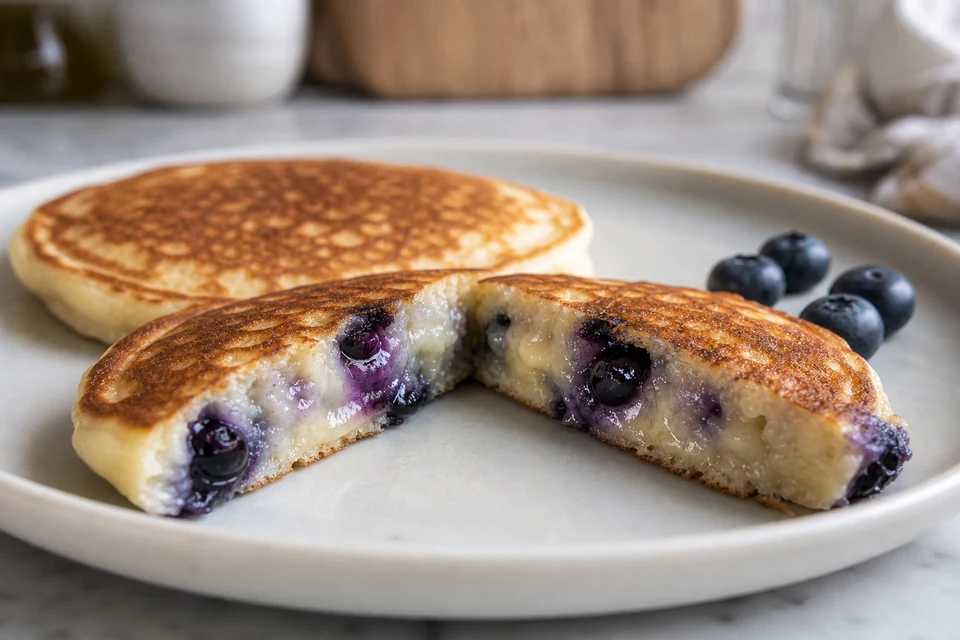 A cut blueberry pancake with a visibly wet glossy centre around the berries.