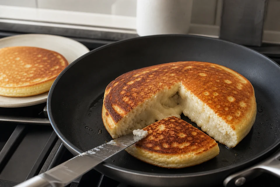 A browned pancake opened in a skillet to show a pale wet unset middle.