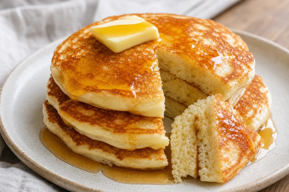 Finished fluffy pancakes cut open to show a light, fully cooked crumb