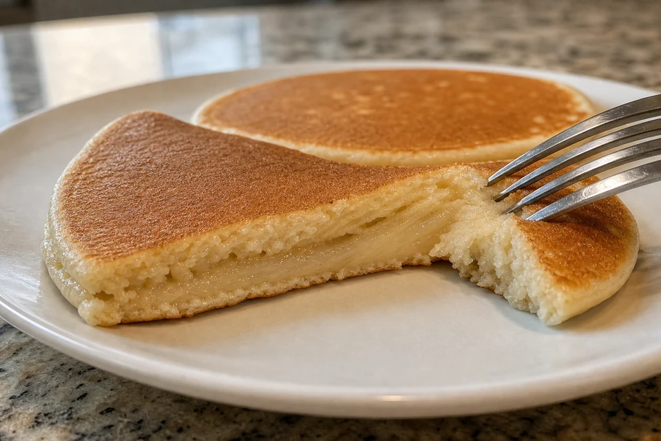 A pancake pulled open with a fork to show a compressed gummy interior layer.