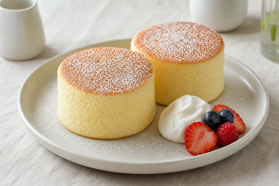 Two finished Japanese soufflé pancakes served intact with cream and berries.