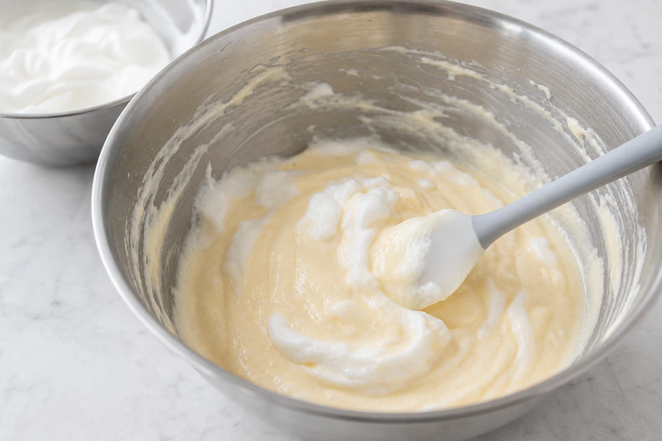 Partly folded Japanese soufflé-pancake batter with visible meringue and a silicone spatula.