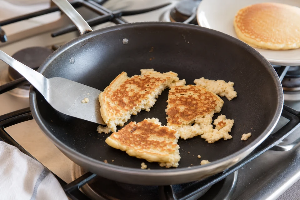 A fragile pancake breaking into pieces as a broad spatula lifts it in a skillet.