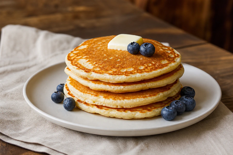 Stack of four cooked golden pancakes on a plate with butter and blueberries