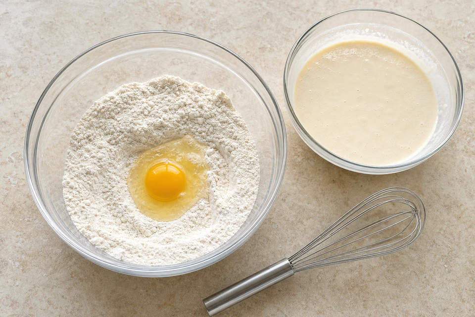 Whole egg in a bowl of dry pancake ingredients beside mixed batter and a whisk.