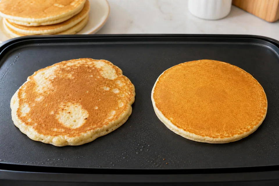 Uneven oily first pancake beside an evenly browned second pancake on the same clean griddle.