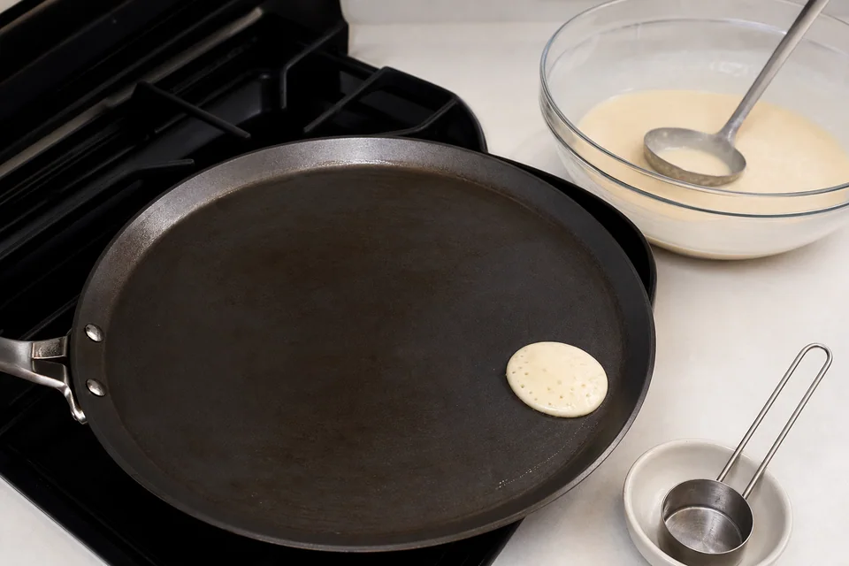 Teaspoon-sized test pancake setting on a preheated skillet with a thin wiped fat film and measured batter nearby.