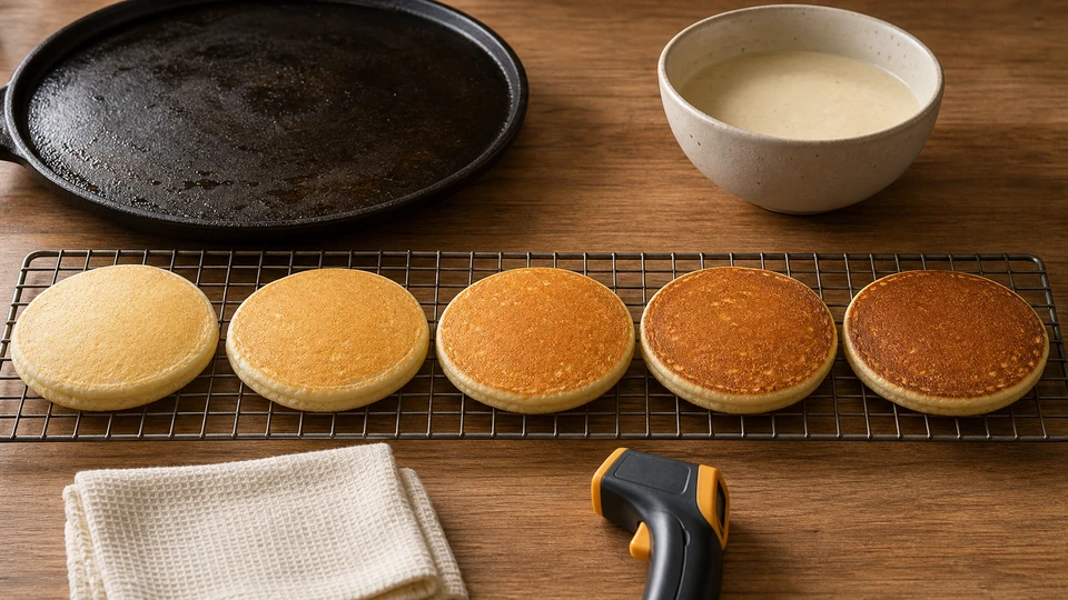Editorial setup illustrating why later pancake batches brown faster than the first.