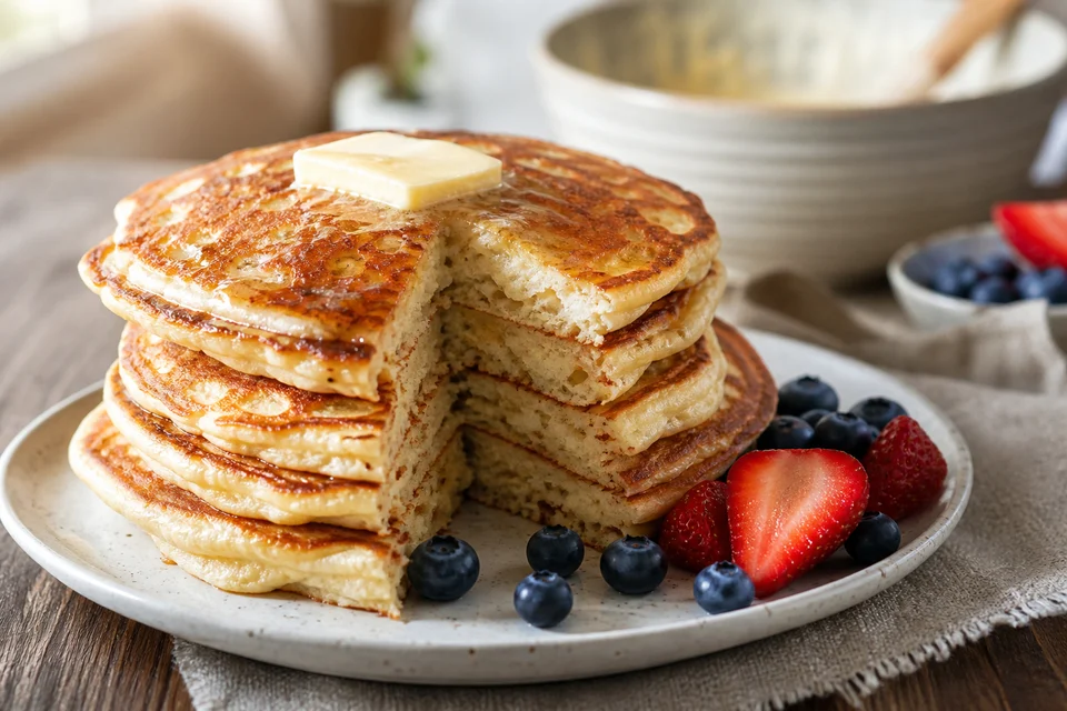 A finished homemade pancake stack with one pancake cut open to show a tender even crumb.