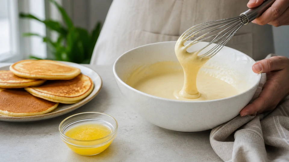 Editorial setup illustrating why melted butter temperature matters in pancake batter.