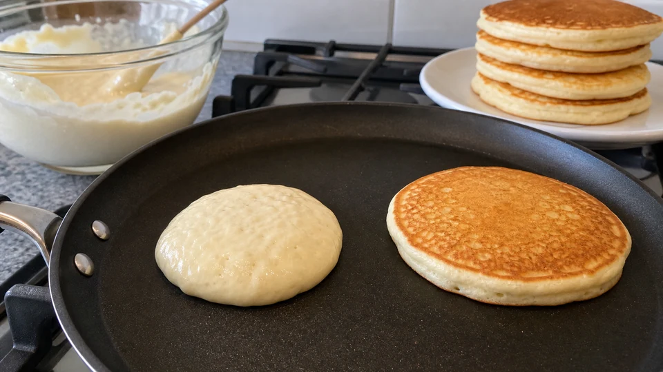 A scoop of unusually thick pancake batter holding a tall mound on a griddle beside a normally spread pancake.