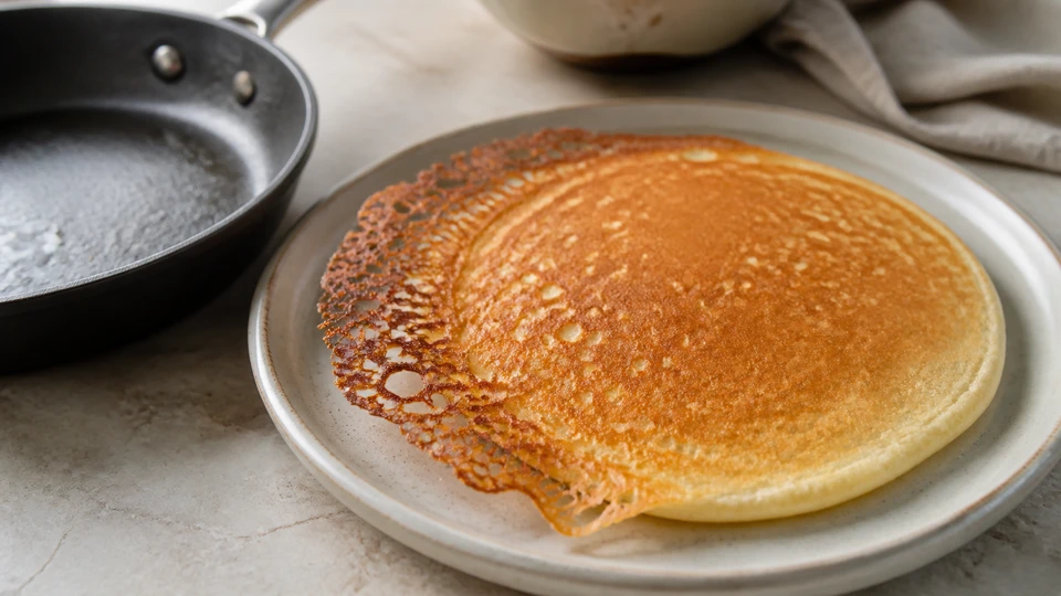 A pancake with a visibly dry lacy edge beside a clean pan.