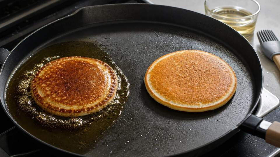 Editorial setup illustrating why pancakes absorb too much oil while cooking.