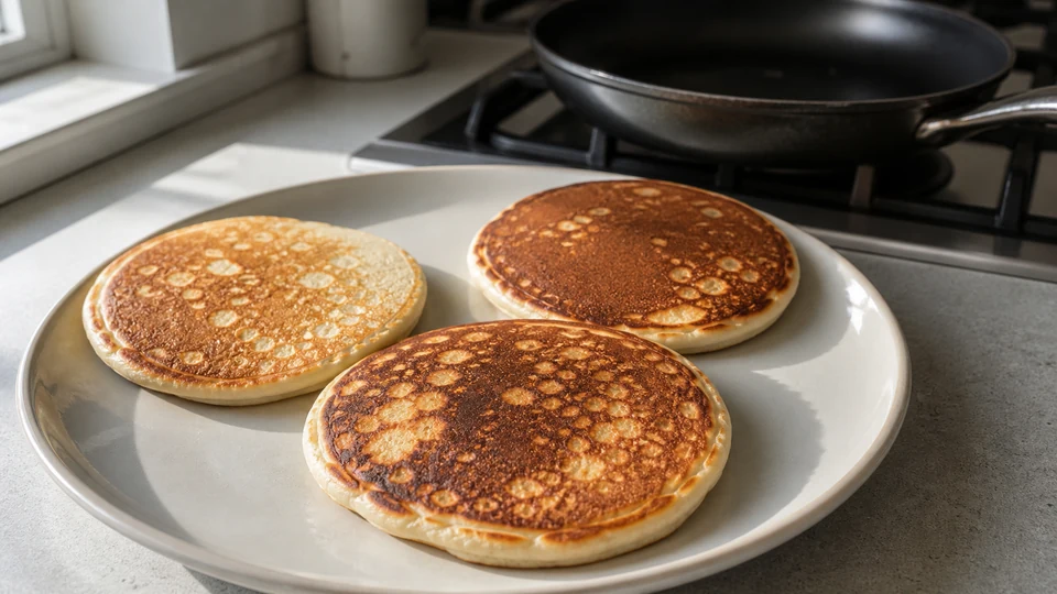 Three pancakes from one pan with visibly different light, dark and patchy browning patterns.