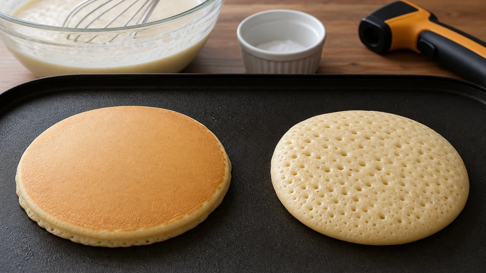 Editorial setup illustrating why pancakes do not form bubbles on top.