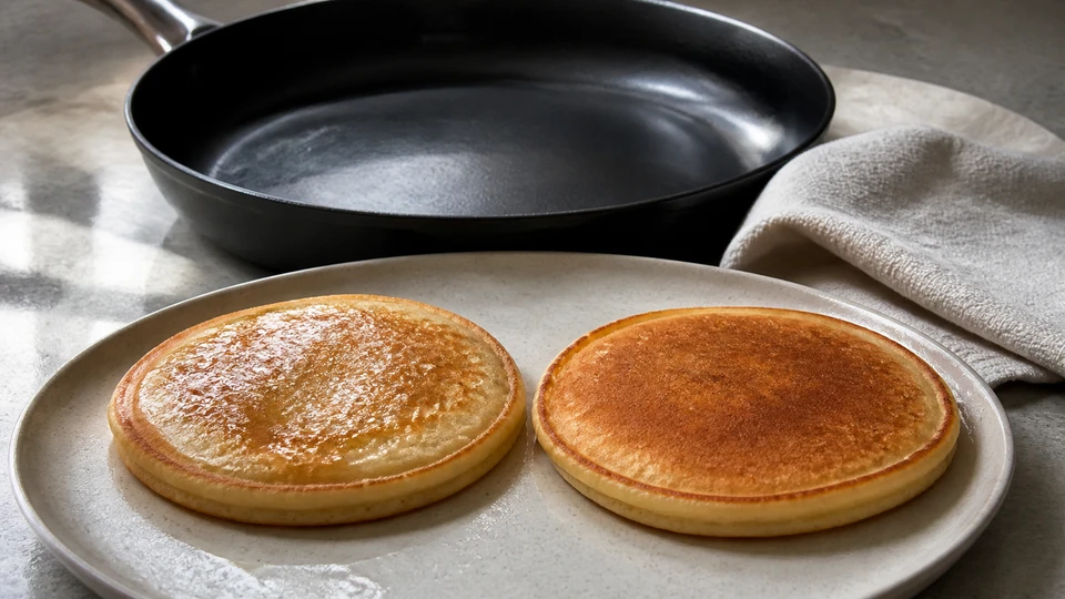 A glossy pancake beside a dry-surfaced pancake near a clean skillet.