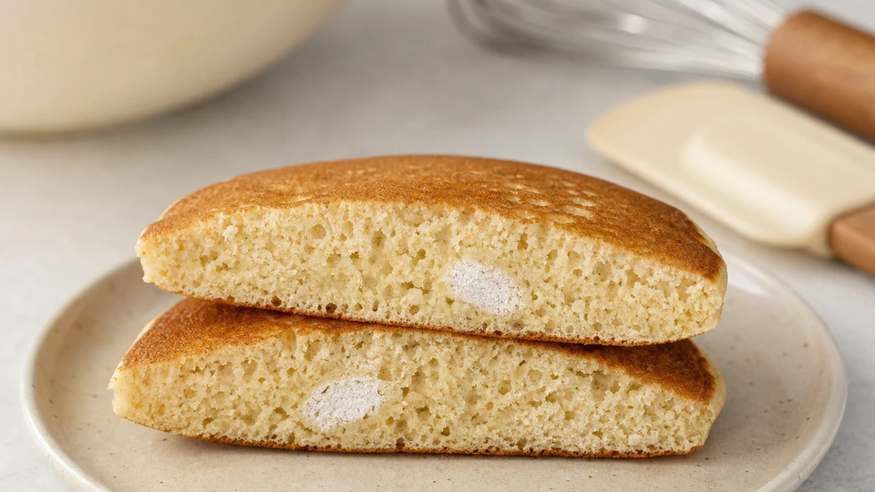 Editorial setup illustrating why pancakes have white flour pockets inside.