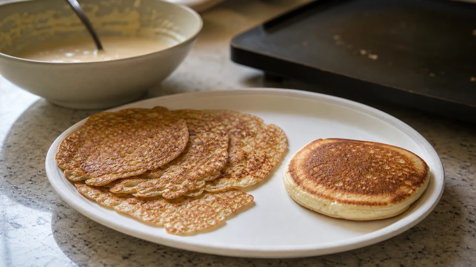 Several overly broad thin pancakes beside one thicker round pancake on a kitchen plate.