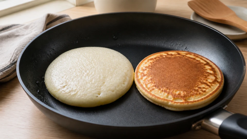 A pale, damp pancake beside a browned pancake in a dry skillet.