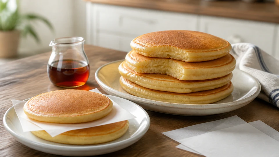 A pancake stack with some layers separated to prevent sticking.