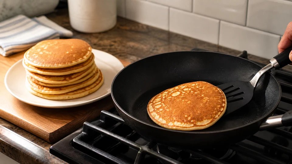 Editorial breakfast scene illustrating Why Pancakes Stick to the Pan and How to Restore Clean Release