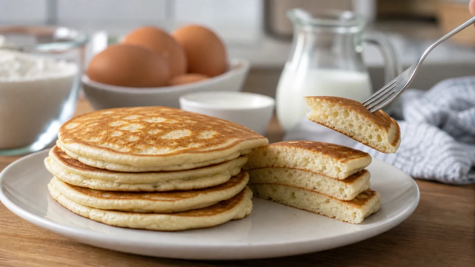 A stack of finished pancakes with a cut piece showing its crumb, with eggs and milk in the background.