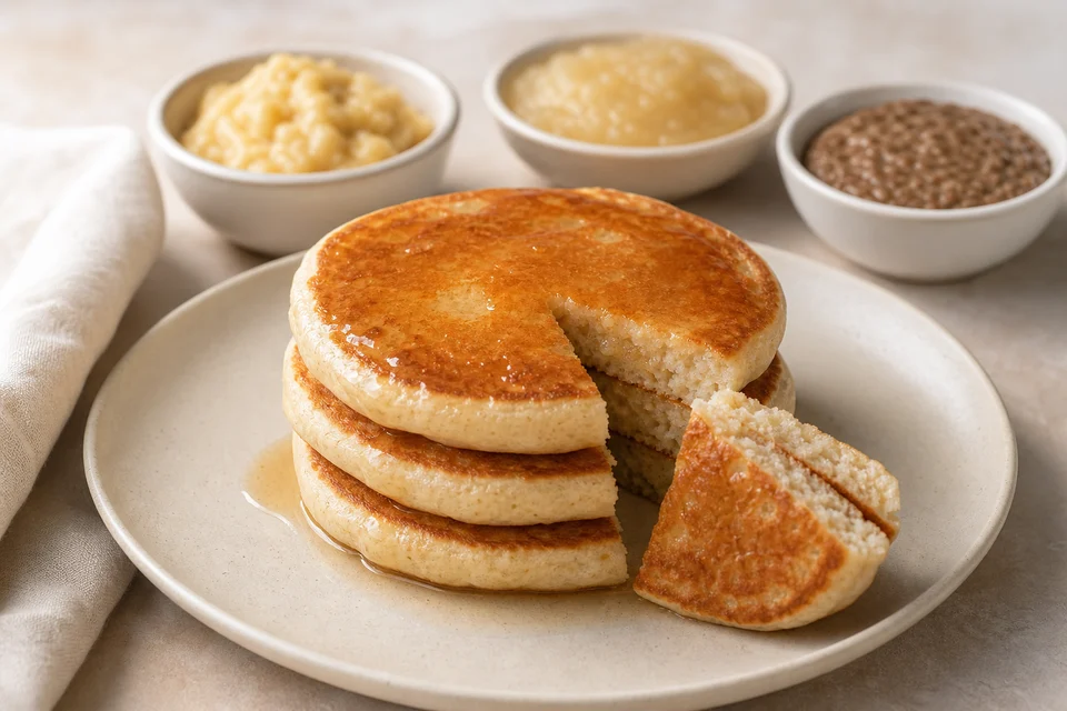 Soft eggless pancake stack beside small bowls of applesauce, mashed banana, and hydrated ground flax.