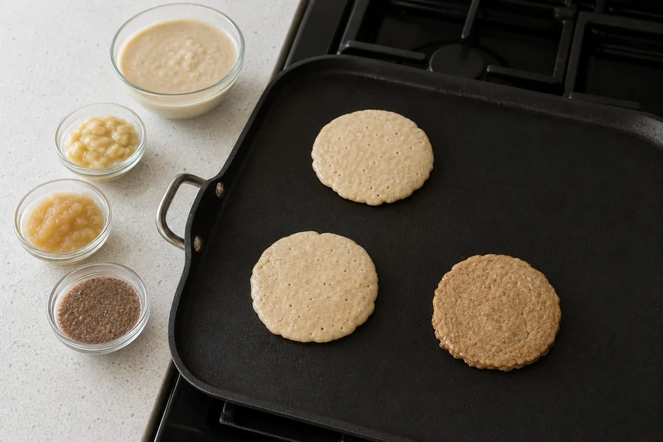 Three small eggless batter tests cooking on a griddle to compare spreading and color from different binders.