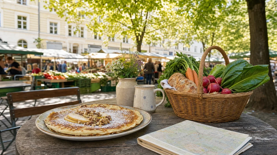 A market-first walking plan with breakfast food, a Haidhausen street map and the Isar as the final direction.