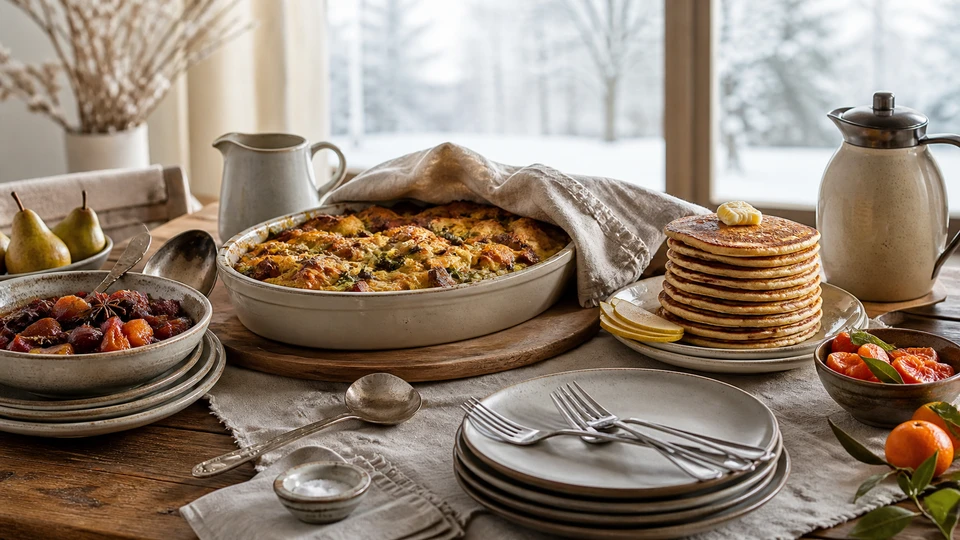 A winter brunch table with a baked centerpiece, pancakes and fruit dishes.