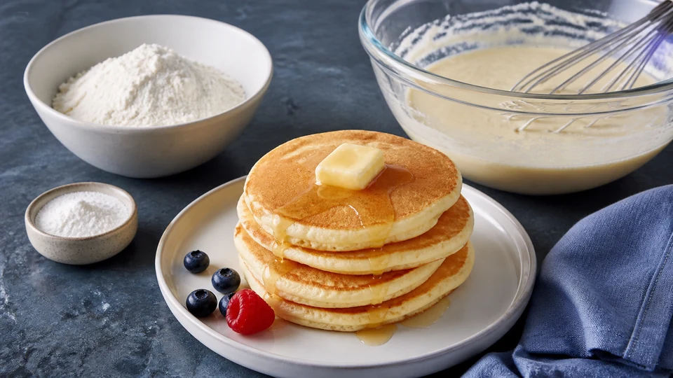 Small xanthan-gum portion, flour blend, smooth batter and pancakes arranged for dose control