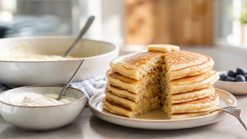 A cut stack of golden pancakes beside bowls of yogurt and pancake batter in a bright kitchen.