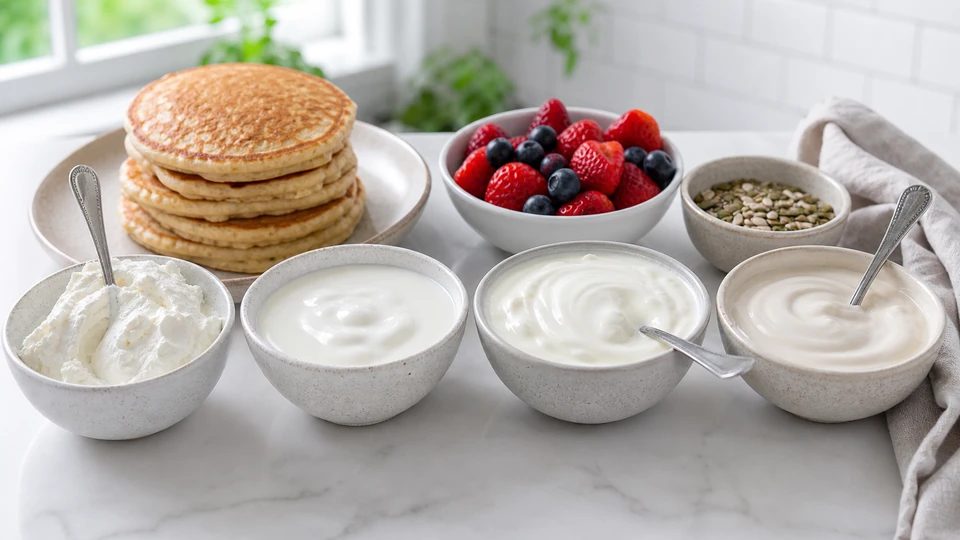 Editorial setup illustrating yogurt styles for pancake toppings and batter.