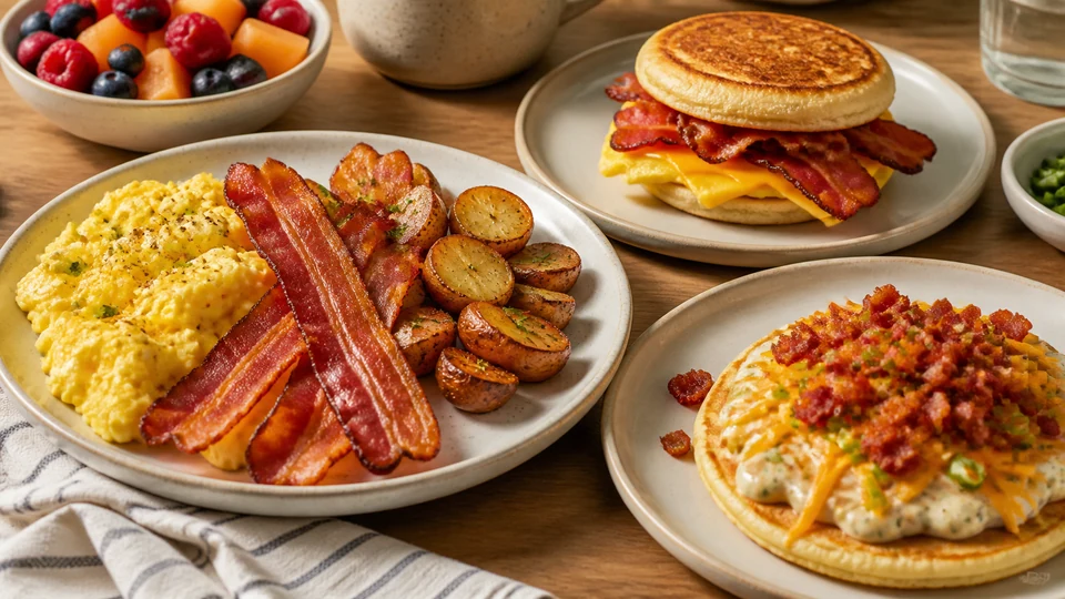 Bacon breakfast spread with pancakes, eggs, tomatoes, and toast.