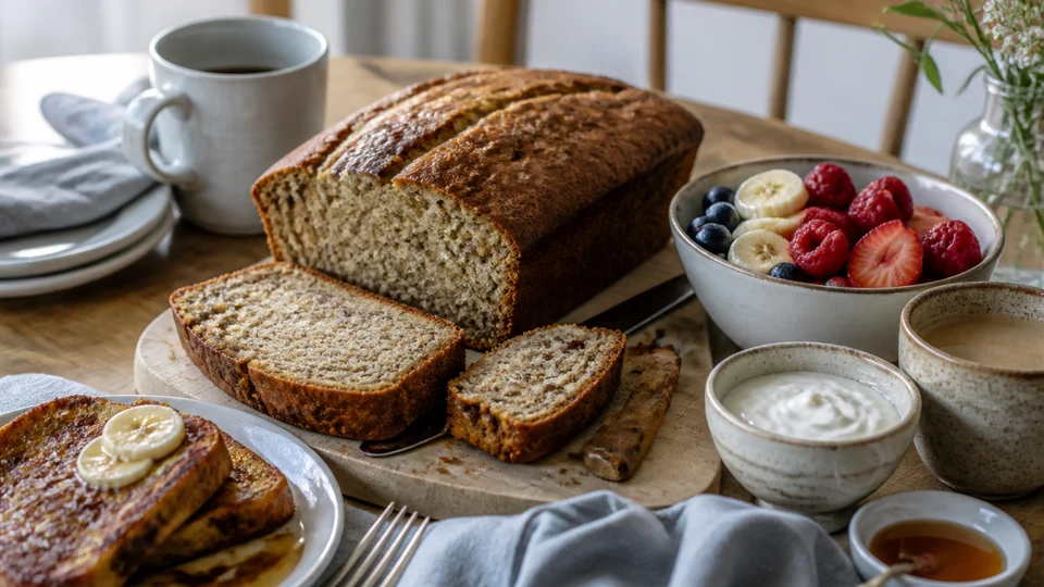 Sliced banana bread served with yogurt, fruit, coffee, and brunch dishes.