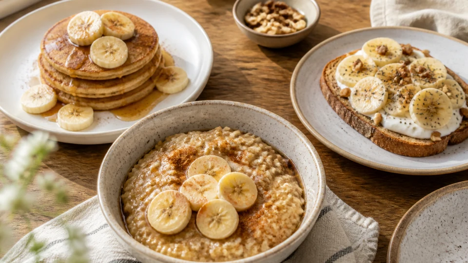 Banana breakfast spread with pancakes, oatmeal, toast, and fresh fruit.