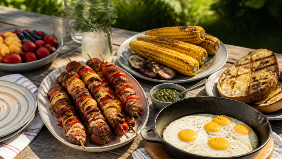 Outdoor barbecue brunch with grilled pancakes, eggs, vegetables, and fruit.