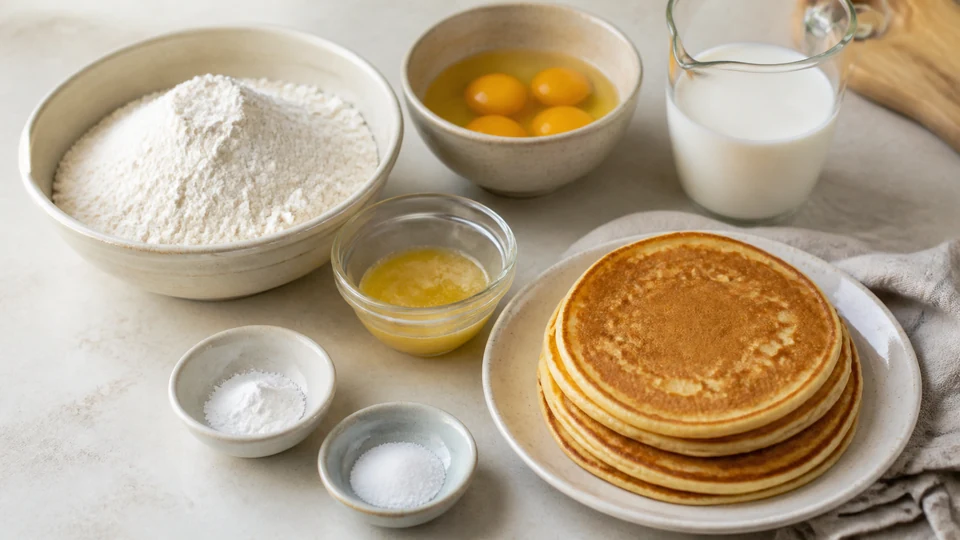 Measured flour, milk, eggs, butter, and leavening for pancake batter.