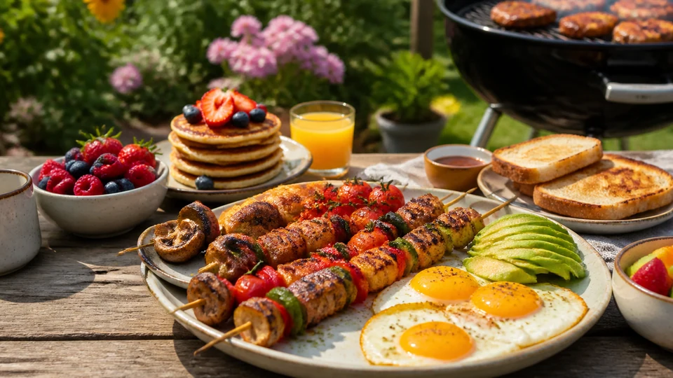 Outdoor barbecue brunch with grilled breakfast food, pancakes, vegetables, and fruit.