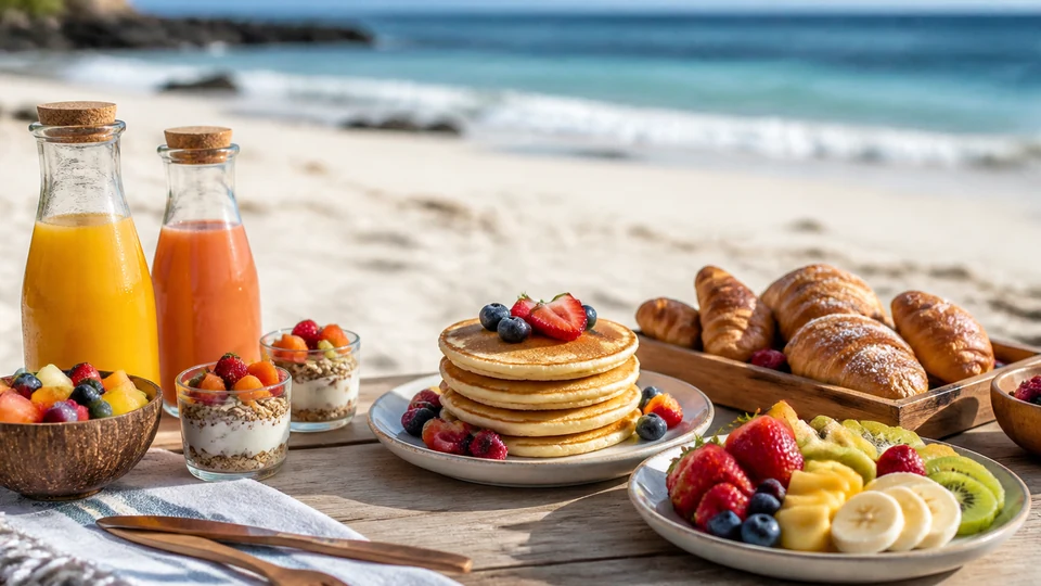 Portable beach brunch with pancakes, fruit, yogurt, pastries, and juice.