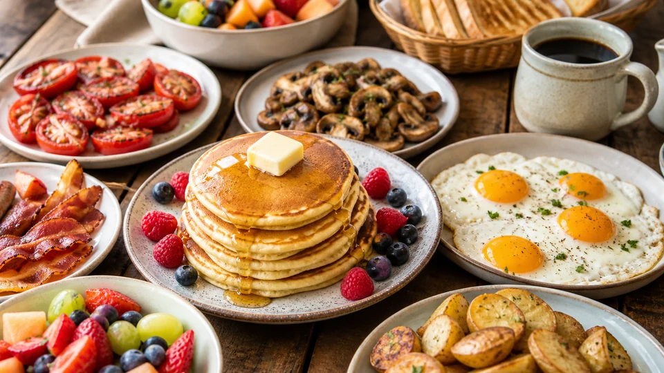 Generous brunch with pancakes, eggs, potatoes, mushrooms, toast, and fruit.